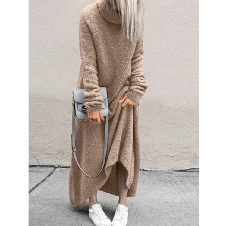 Autumn and Winter Turtleneck Dress Hot Plush Casual Solid Color Abaya for Adults