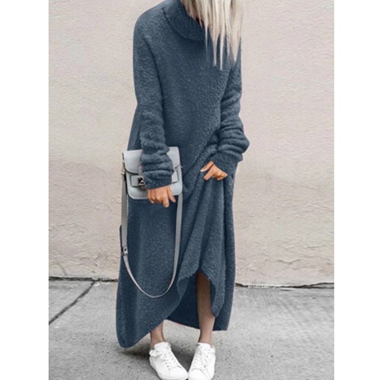 Autumn and Winter Turtleneck Dress Hot Plush Casual Solid Color Abaya for Adults