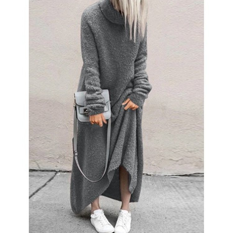 Autumn and Winter Turtleneck Dress Hot Plush Casual Solid Color Abaya for Adults