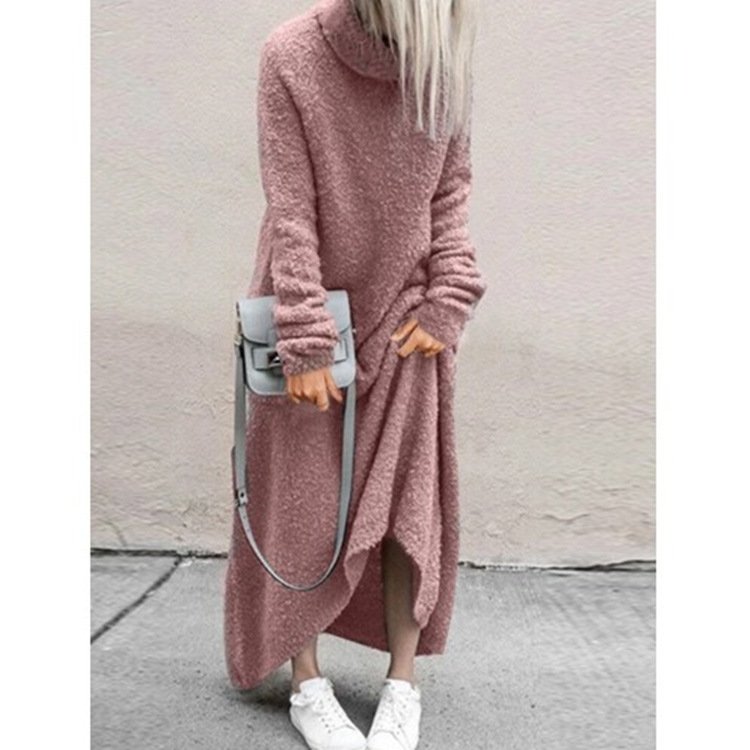 Autumn and Winter Turtleneck Dress Hot Plush Casual Solid Color Abaya for Adults