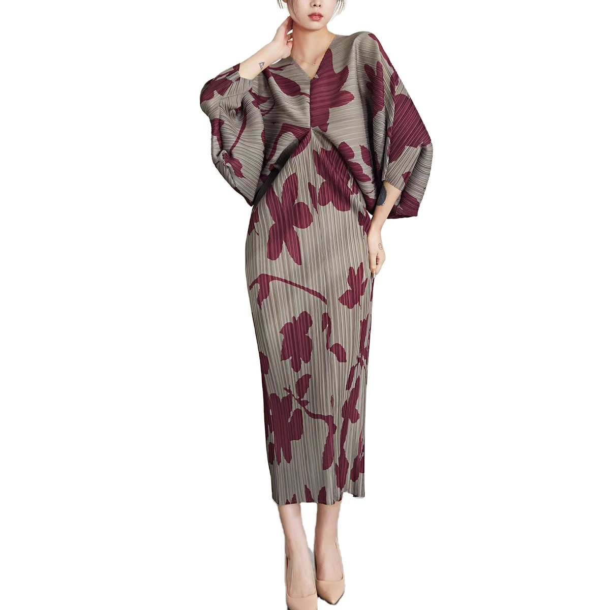 Digital Printed Batwing Sleeve Women's Plus Size Dresses Pleated Dresses Ladies Dresses Casual Clothing Ladies Natural