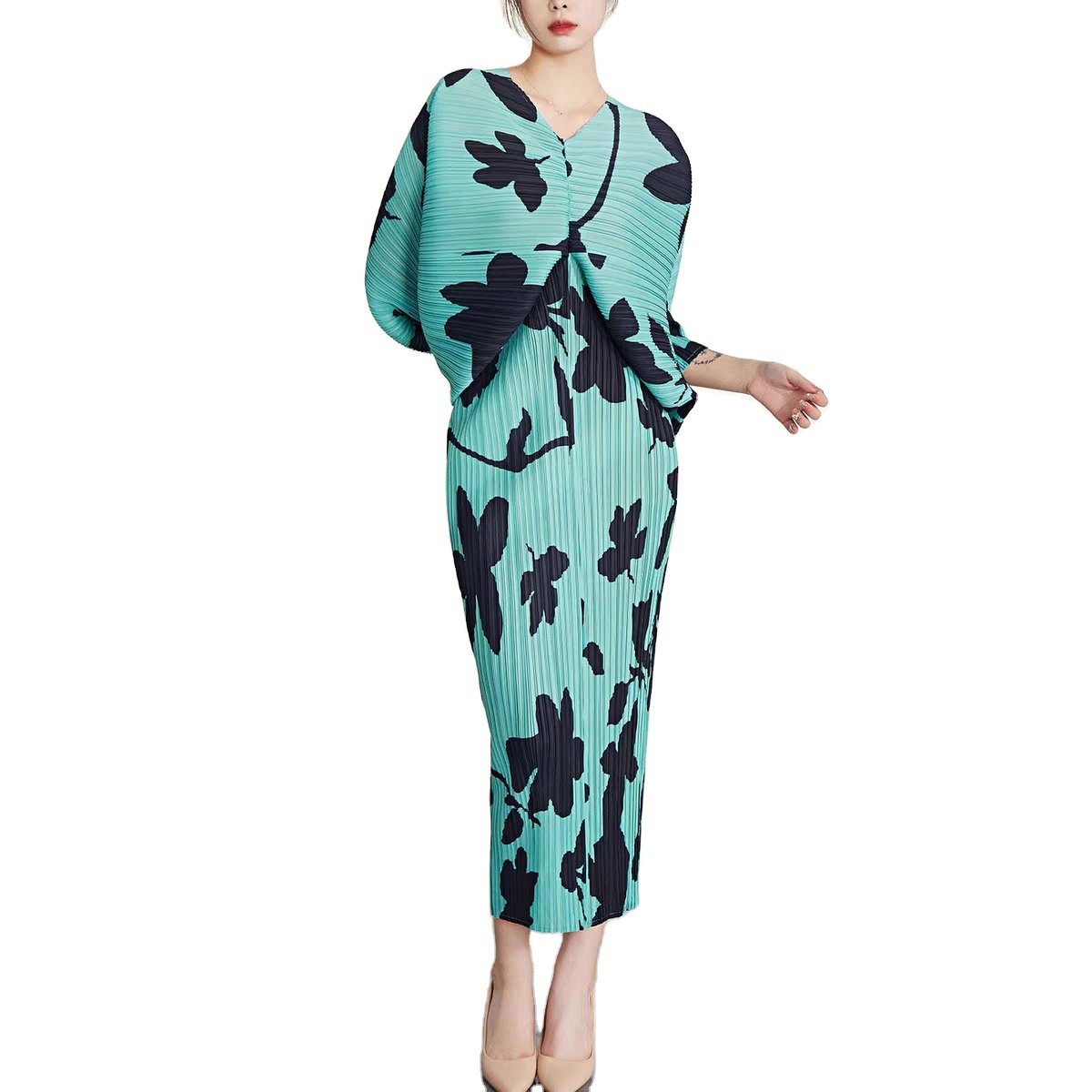 Digital Printed Batwing Sleeve Women's Plus Size Dresses Pleated Dresses Ladies Dresses Casual Clothing Ladies Natural