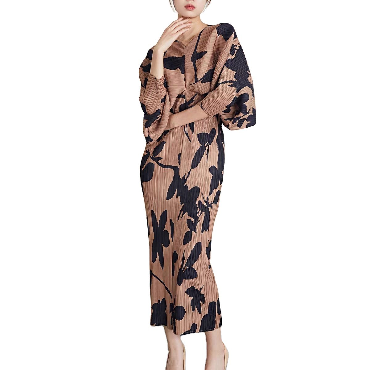 Digital Printed Batwing Sleeve Women's Plus Size Dresses Pleated Dresses Ladies Dresses Casual Clothing Ladies Natural