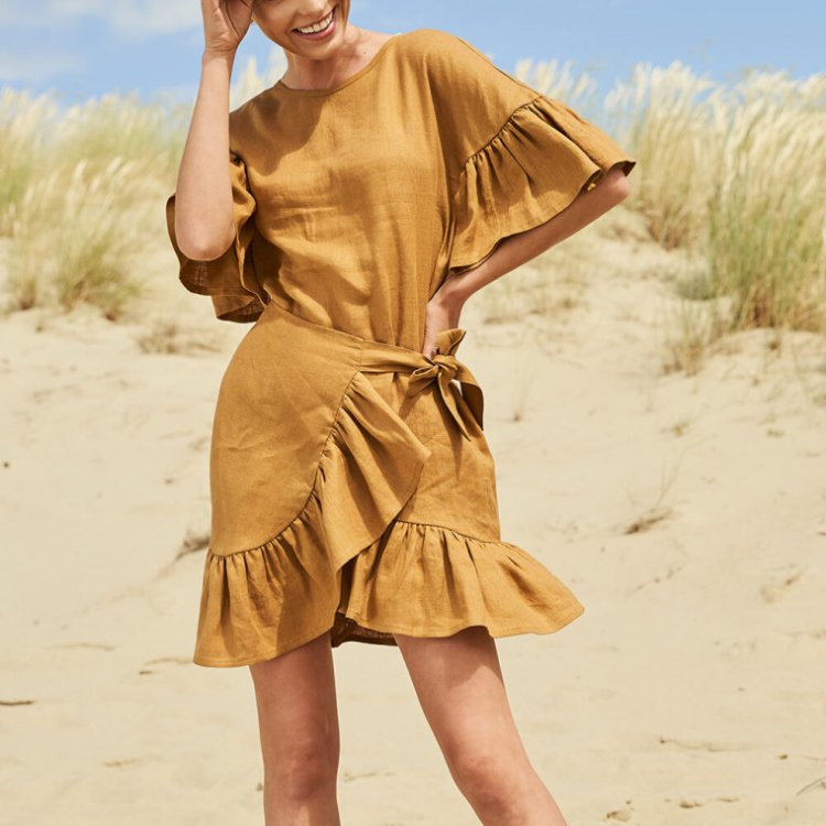 Tongrui 100% Linen Women's dresses Ruffled Midi Style Dress Elegant Romantic Casual dresses women ladies