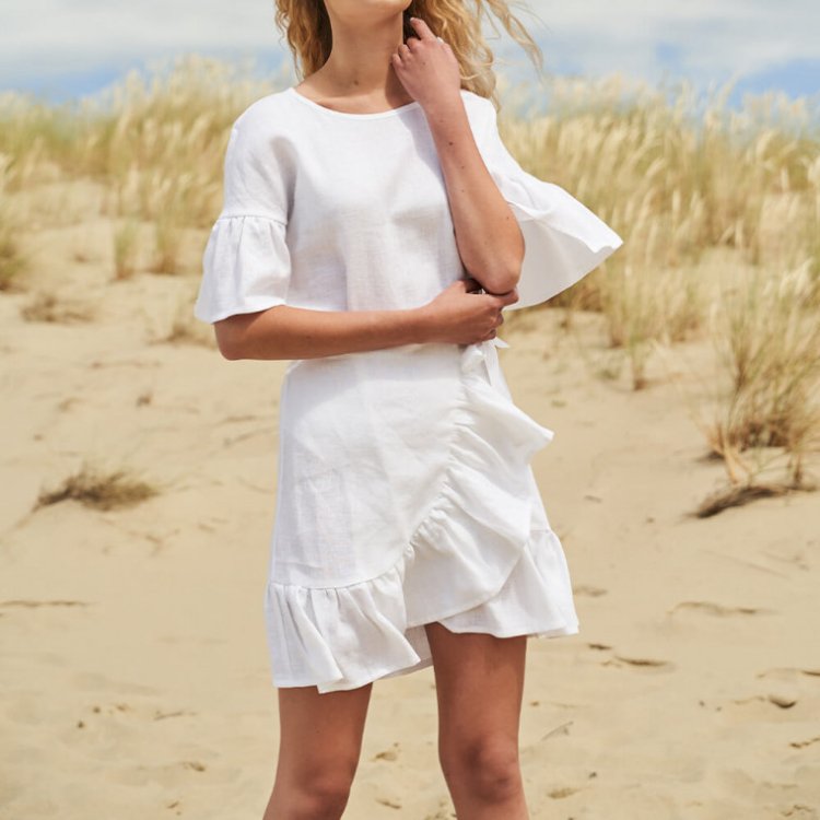 Tongrui 100% Linen Women's dresses Ruffled Midi Style Dress Elegant Romantic Casual dresses women ladies