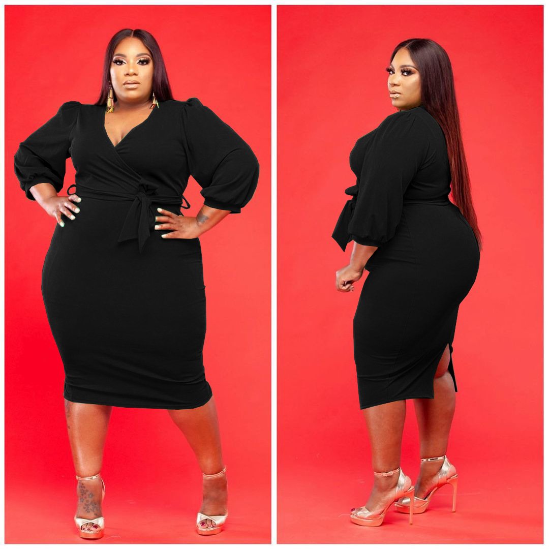 Wholesale Cheap Woman Plus Size Bodycon Dress Bubble Sleeve V Neck Bandage Midi Dresses Women Lady Plus Size Women Casual Dress