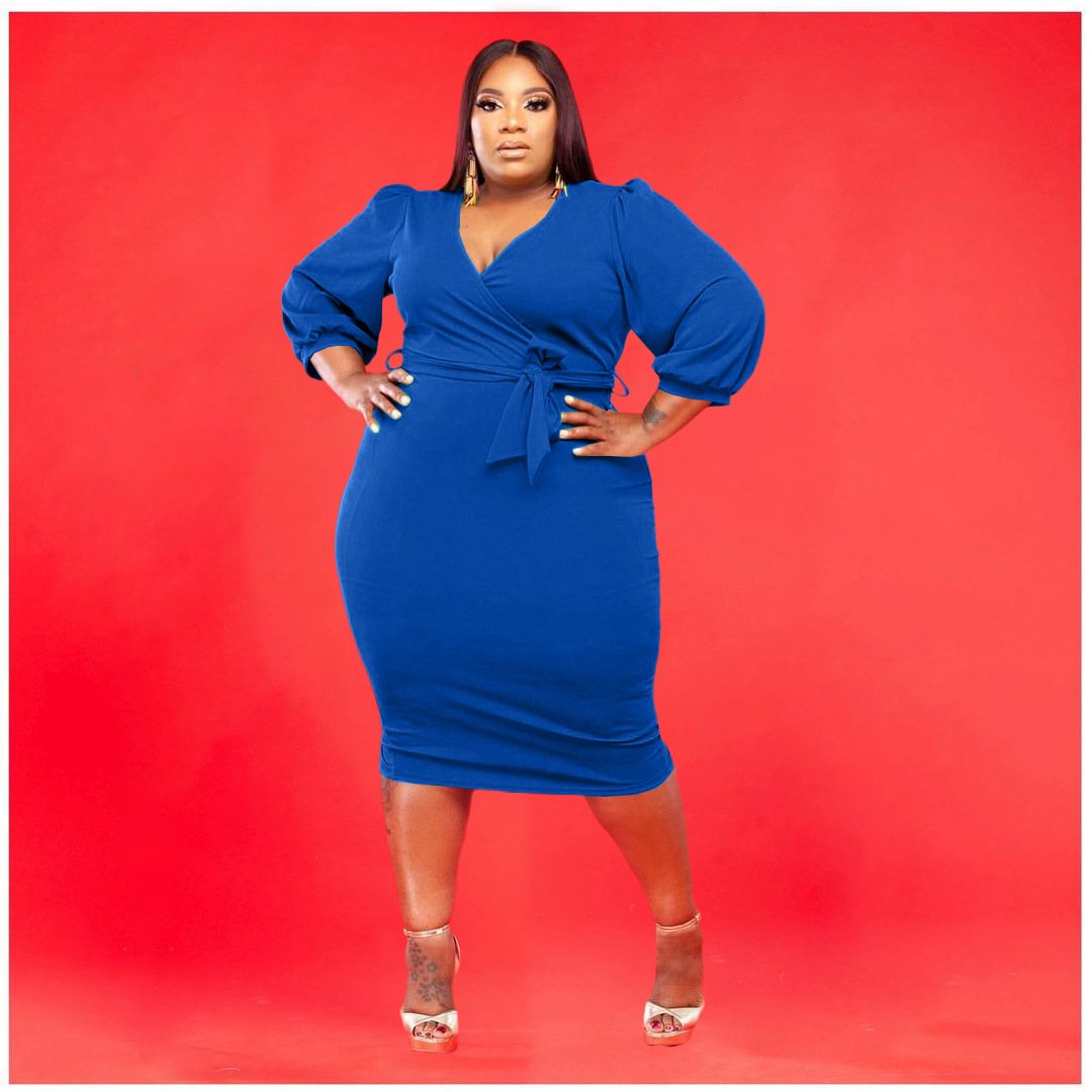 Wholesale Cheap Woman Plus Size Bodycon Dress Bubble Sleeve V Neck Bandage Midi Dresses Women Lady Plus Size Women Casual Dress