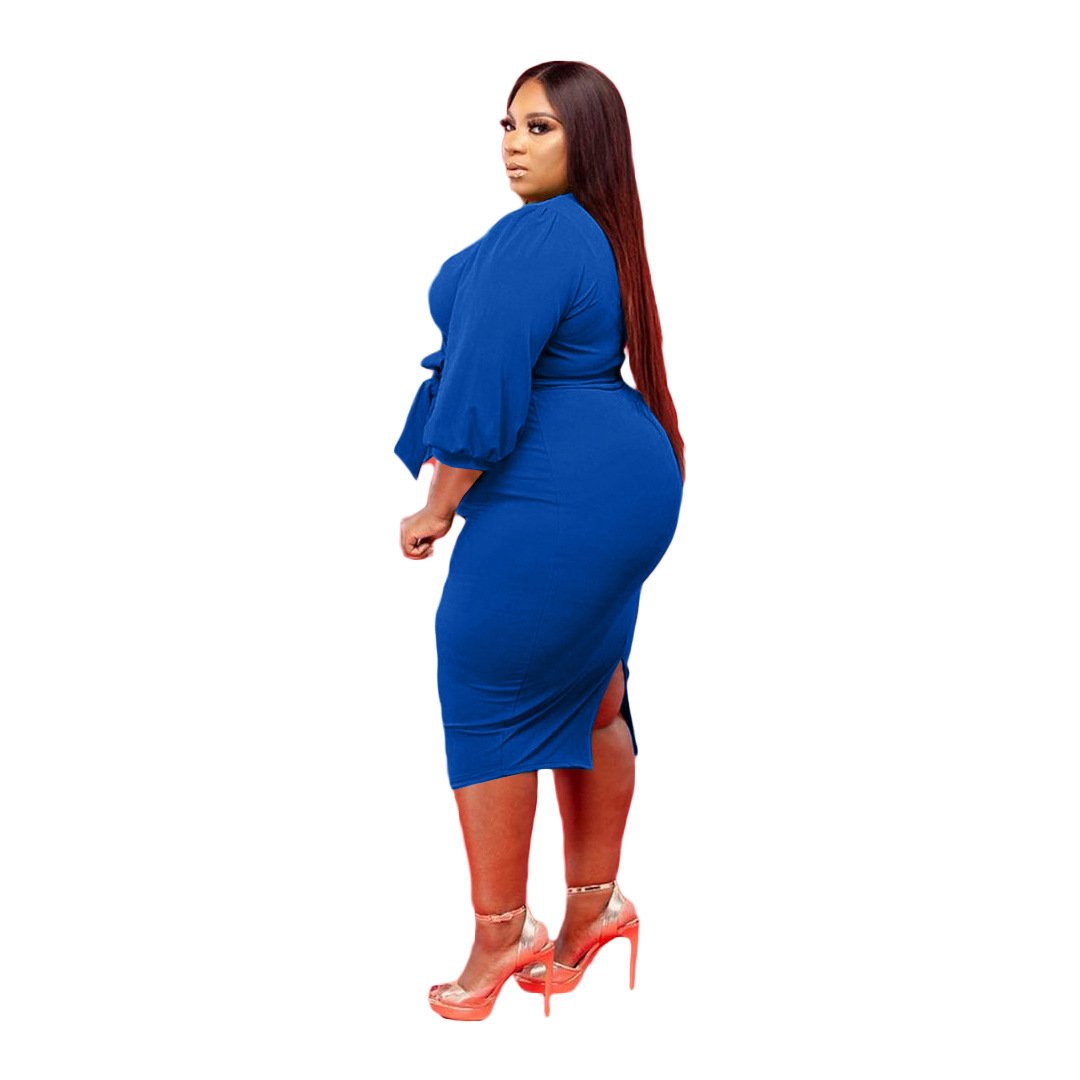 Wholesale Cheap Woman Plus Size Bodycon Dress Bubble Sleeve V Neck Bandage Midi Dresses Women Lady Plus Size Women Casual Dress