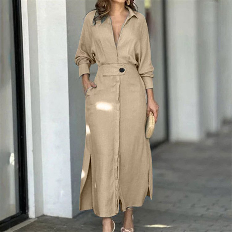 New Style Women's Commuting Lace up Solid Color Waistband Long sleeved Irregular Shirt Dress
