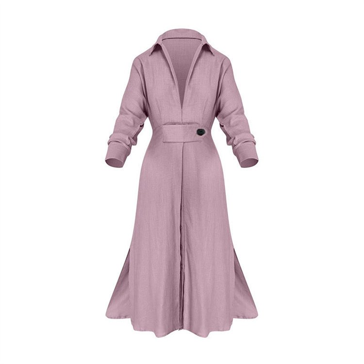 New Style Women's Commuting Lace up Solid Color Waistband Long sleeved Irregular Shirt Dress