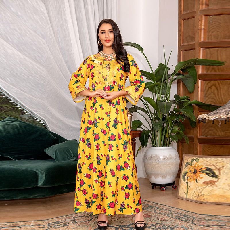 Abayas 2024 Middle East Women's Dresses Dubai Abaya Women Muslim Dress Floral Printed Kaftan Elegant Casual Dress Fabric Abaya