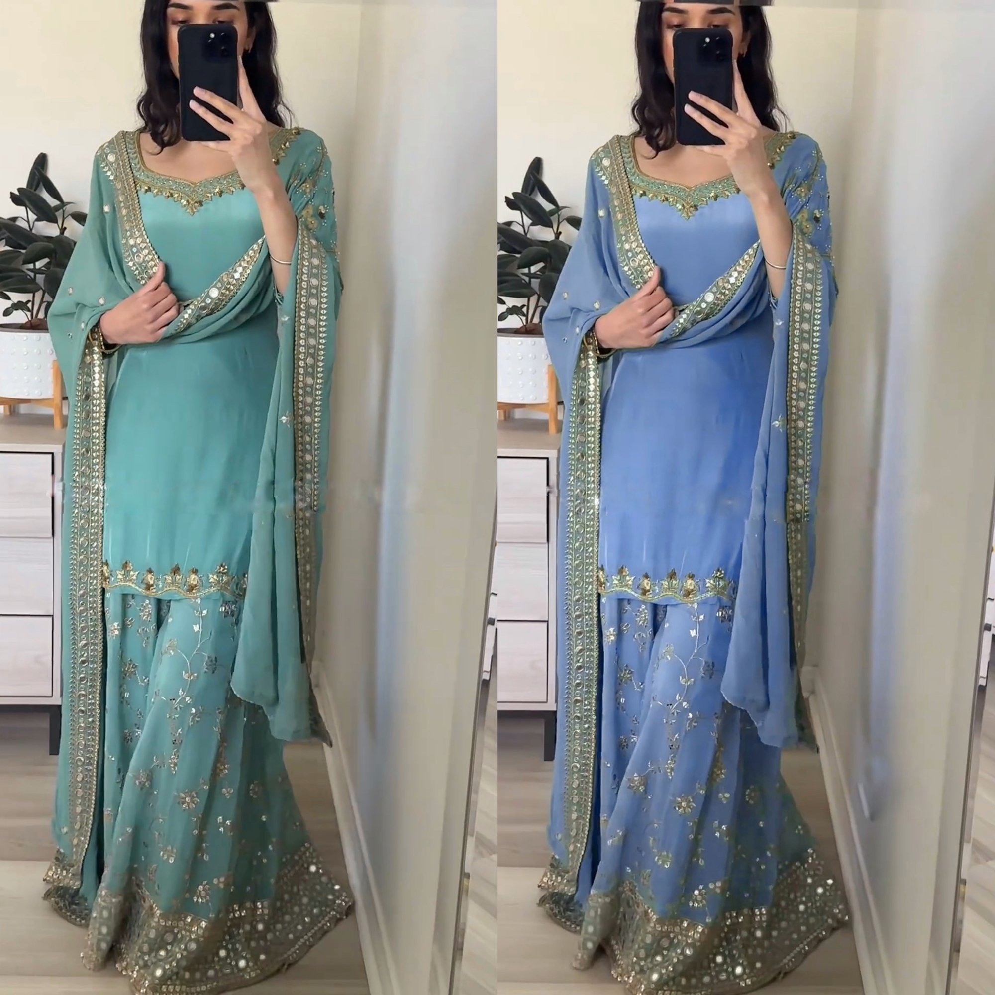 Heavy Faux Georgette Fabric Indian Pakistani Ethnic Dress-Adults Sharara Suit Palazzo Dupatta Hand Drawn Low Wedding Wear