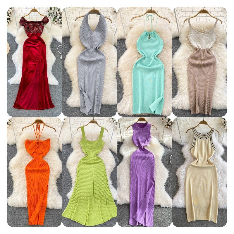 2024 Summer Women's Floral Short Sleeve Long Collision Color Sweater Knitted Casual Dress