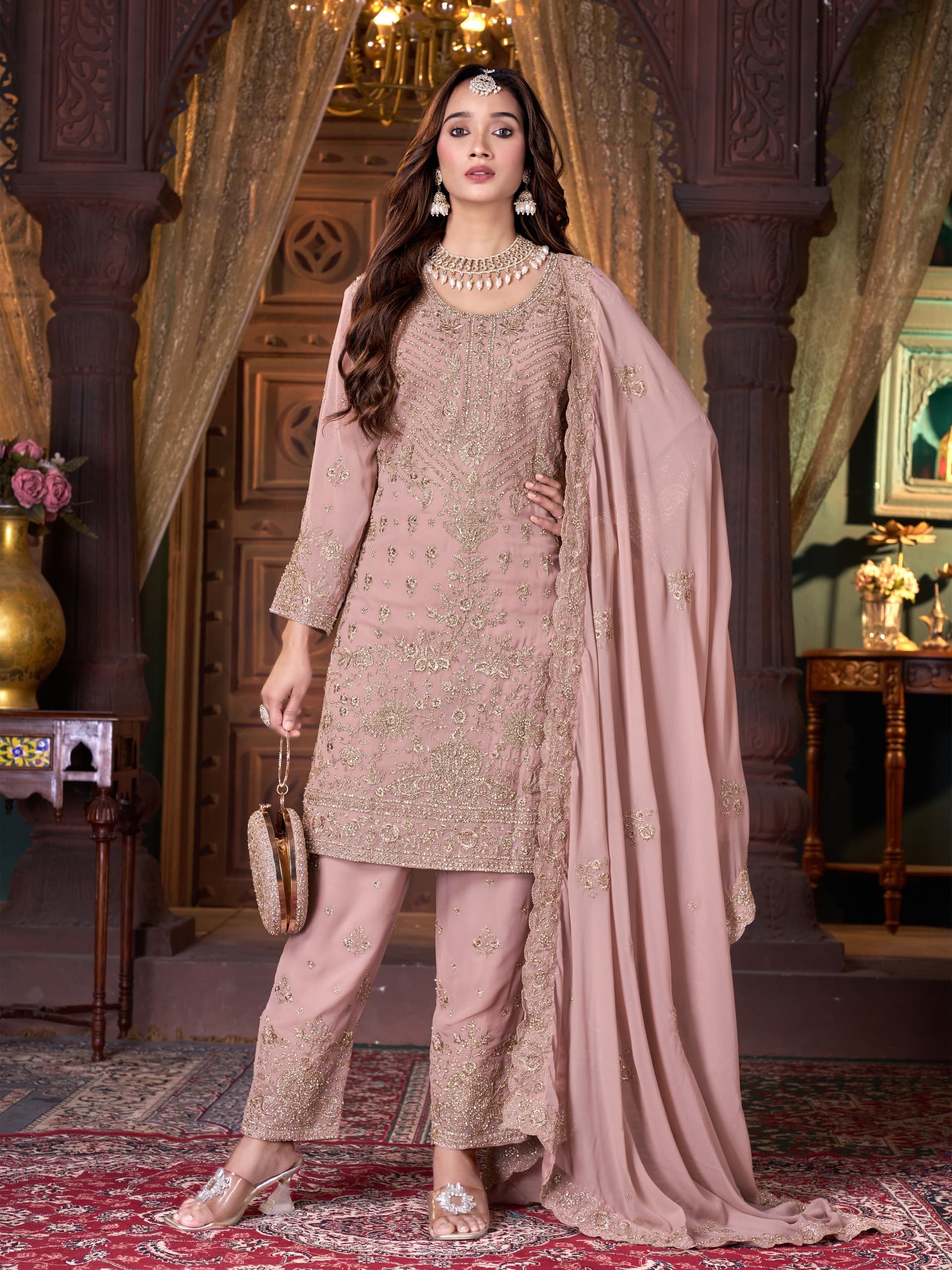 Pure Georgette Collection 5 Stunning Designs Rhinestone Sequin Diamond Jarkan Stone Work 10 Colors Heavy Dupatta Casual Dresses
