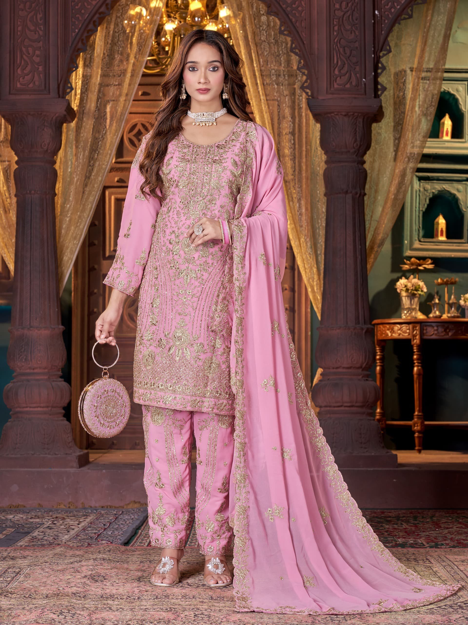 Pure Georgette Collection 5 Stunning Designs Rhinestone Sequin Diamond Jarkan Stone Work 10 Colors Heavy Dupatta Casual Dresses