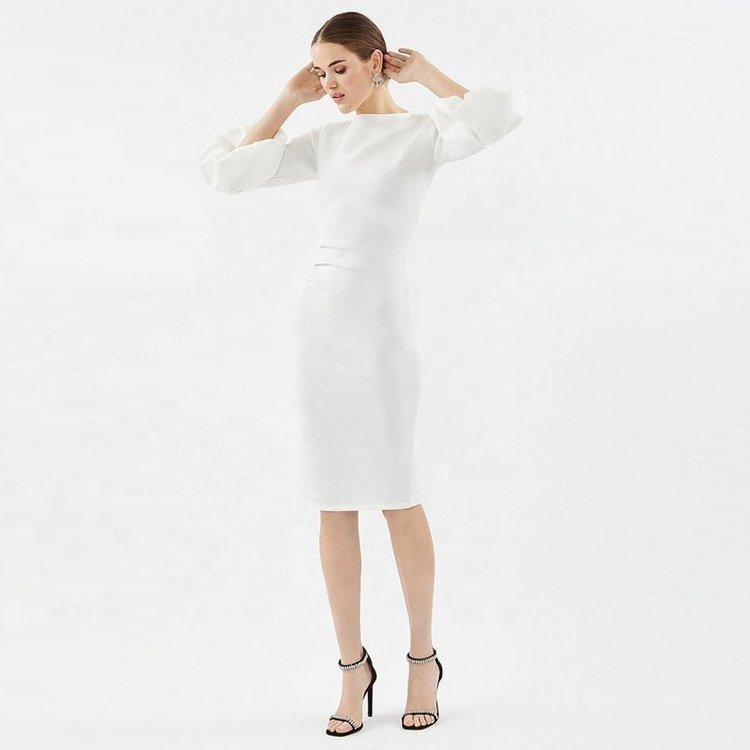 Weixin Wholesale Custom High Quality Ruched Detail Puff Sleeve Bardot Dress
