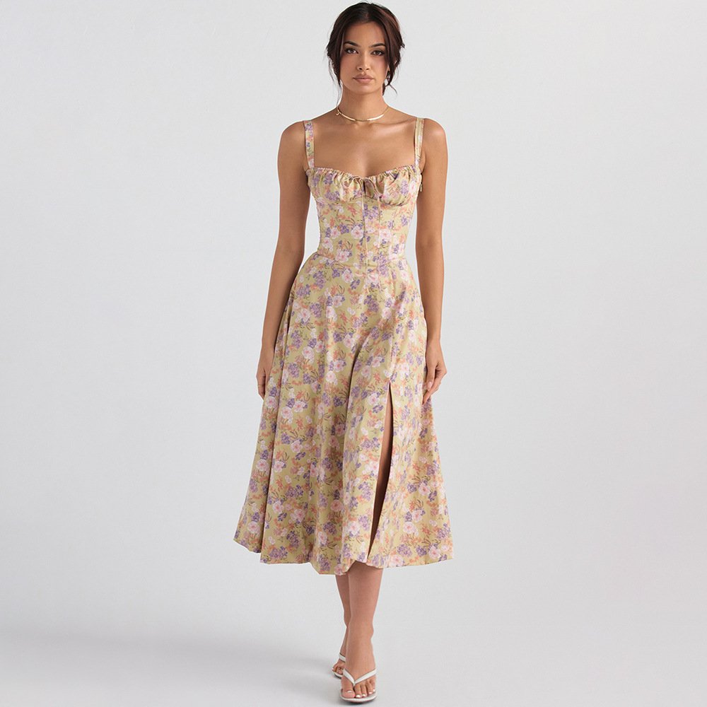 Ocstrade 2024 New Arrival US Size Summer Slip Floral Dress Backless Sleeveless Slit Midi A Line Dress Women Slim Fit Casual Dres
