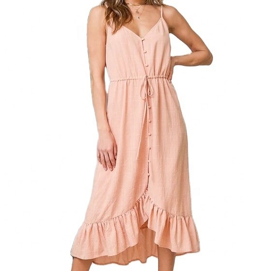 Kingyoung Summer Casual Plain Adjustable Spaghetti Straps Button Front Tie Waist Ruffle plus size women's Dresses
