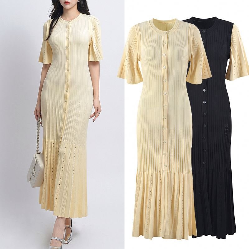 BetterGirl 2024 Ramadan Long Dress Ice Silk Short Sleeved Knitted Feminine And Fashionable Midi Dress French Robe Sandro Dress