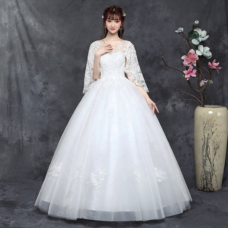 2022 Autumn And Winter New Plus- size Female Wedding Dress One Word Shoulder Length Dress Weddings Dresses For Women