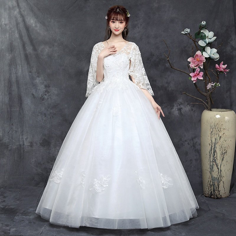 2022 Autumn And Winter New Plus- size Female Wedding Dress One Word Shoulder Length Dress Weddings Dresses For Women
