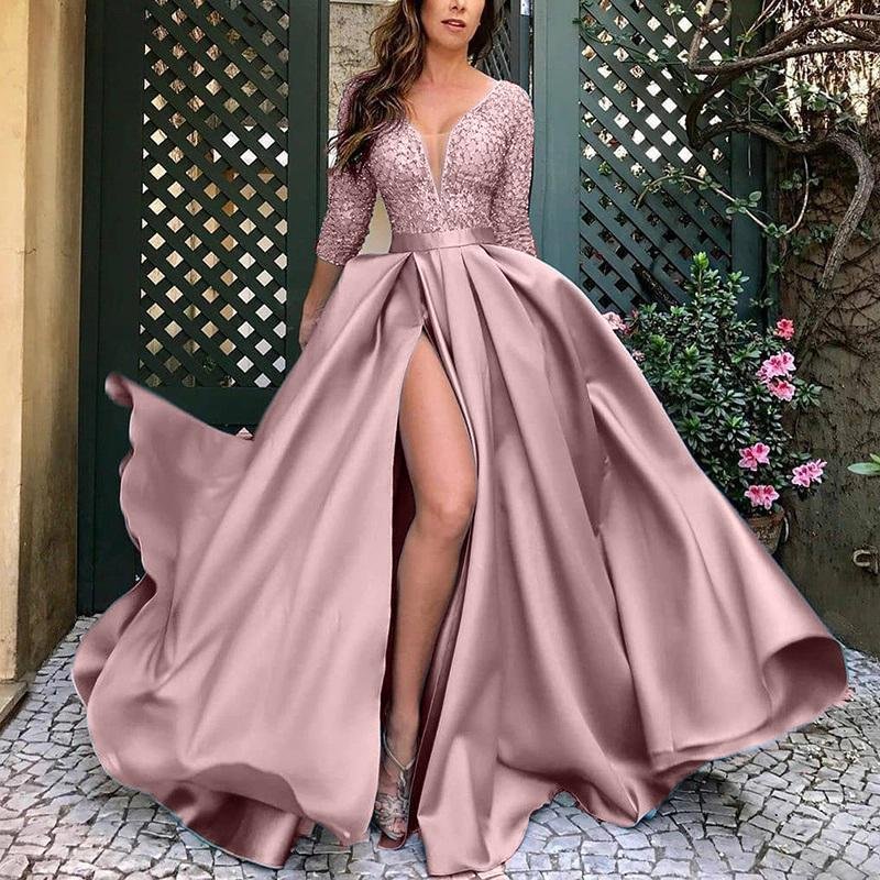 Good Quality Plus Size Big Swing High Split Formal Party Luxury Wedding Bridesmaid Floor-Length Lace Long Gown Evening Dress