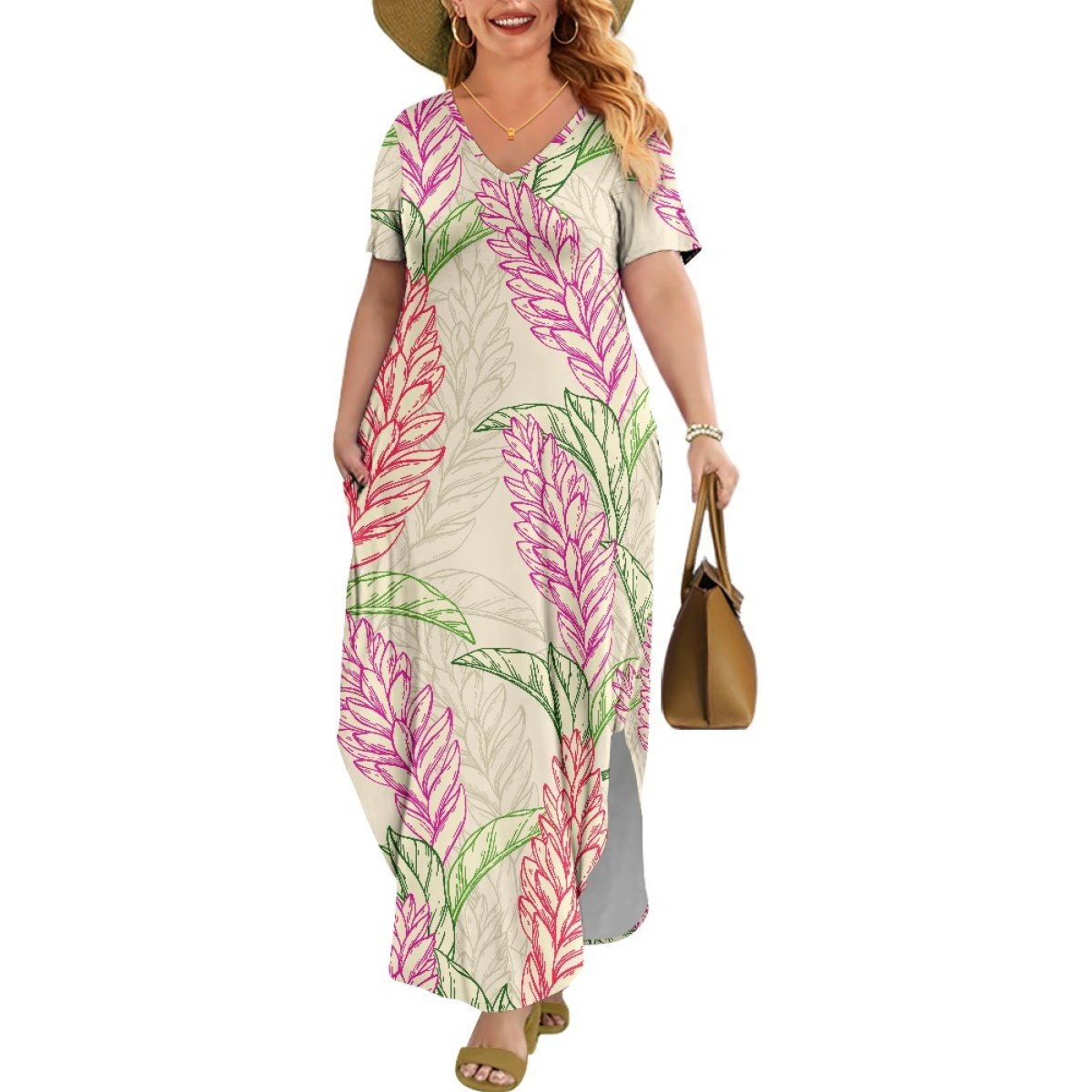 Exclusive Custom Design Red Ginger Hawaiian Style Printing Casual Plus Size Women's Short Sleeve Plus Size Dress Print On Demand