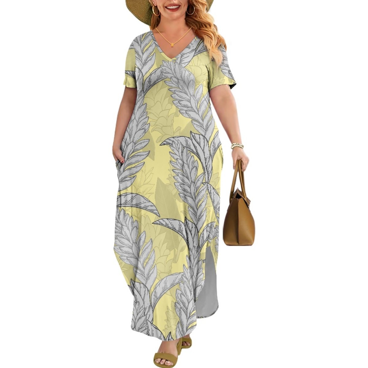 Exclusive Custom Design Red Ginger Hawaiian Style Printing Casual Plus Size Women's Short Sleeve Plus Size Dress Print On Demand