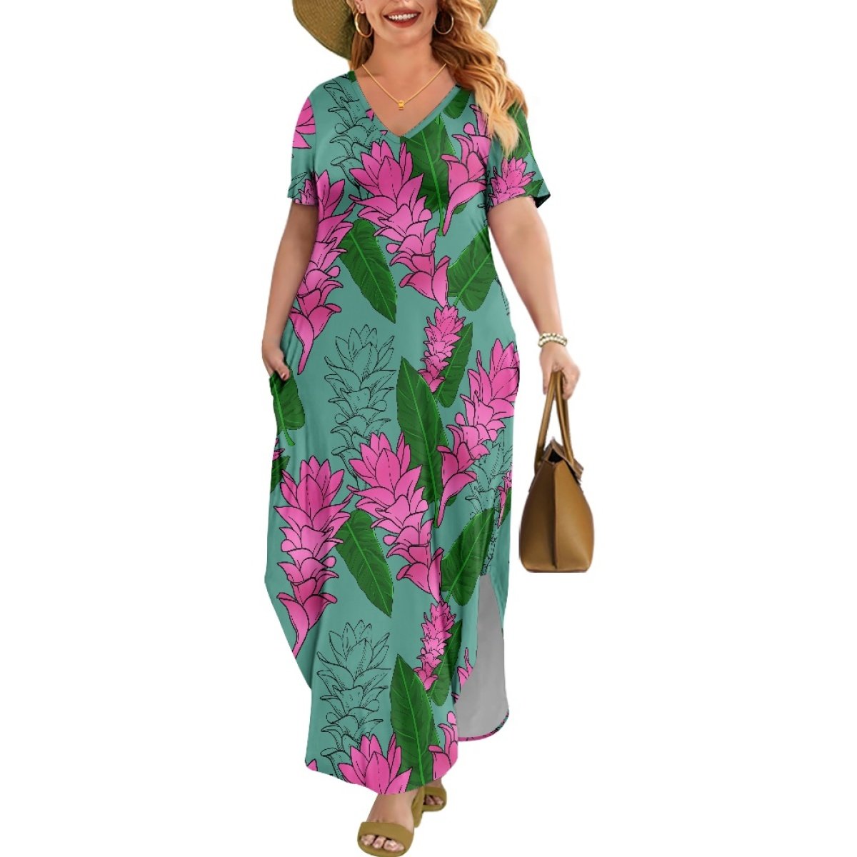 Exclusive Custom Design Red Ginger Hawaiian Style Printing Casual Plus Size Women's Short Sleeve Plus Size Dress Print On Demand