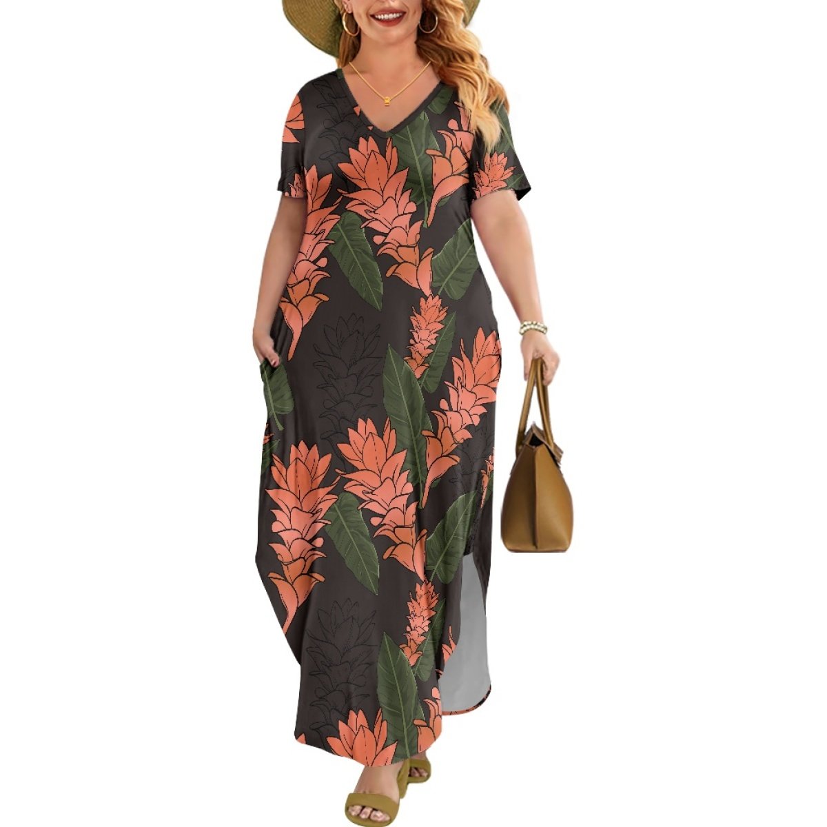 Exclusive Custom Design Red Ginger Hawaiian Style Printing Casual Plus Size Women's Short Sleeve Plus Size Dress Print On Demand
