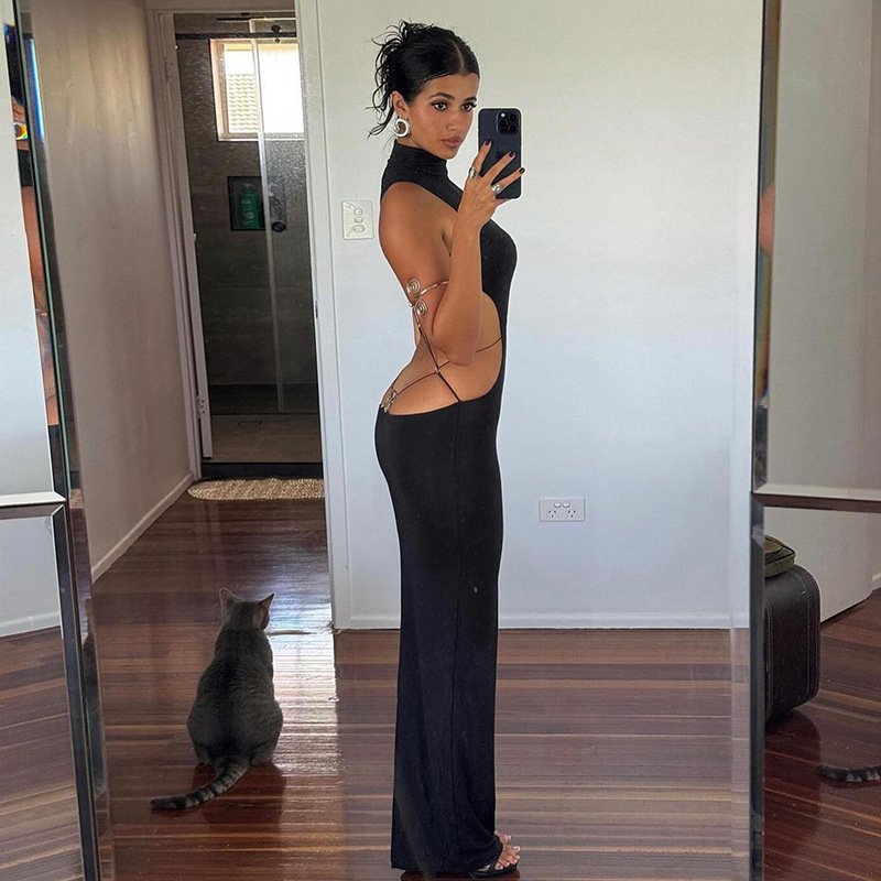 2024 Spring Fall Y2K Clothes Women Turtleneck Sleeveless Black Gothic Party Vestido Sexy Backless Bandage Bodycon Maxi Dress