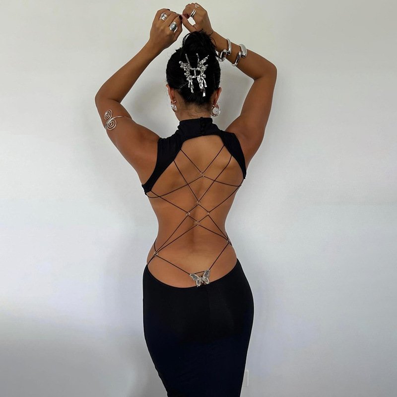 2024 Spring Fall Y2K Clothes Women Turtleneck Sleeveless Black Gothic Party Vestido Sexy Backless Bandage Bodycon Maxi Dress