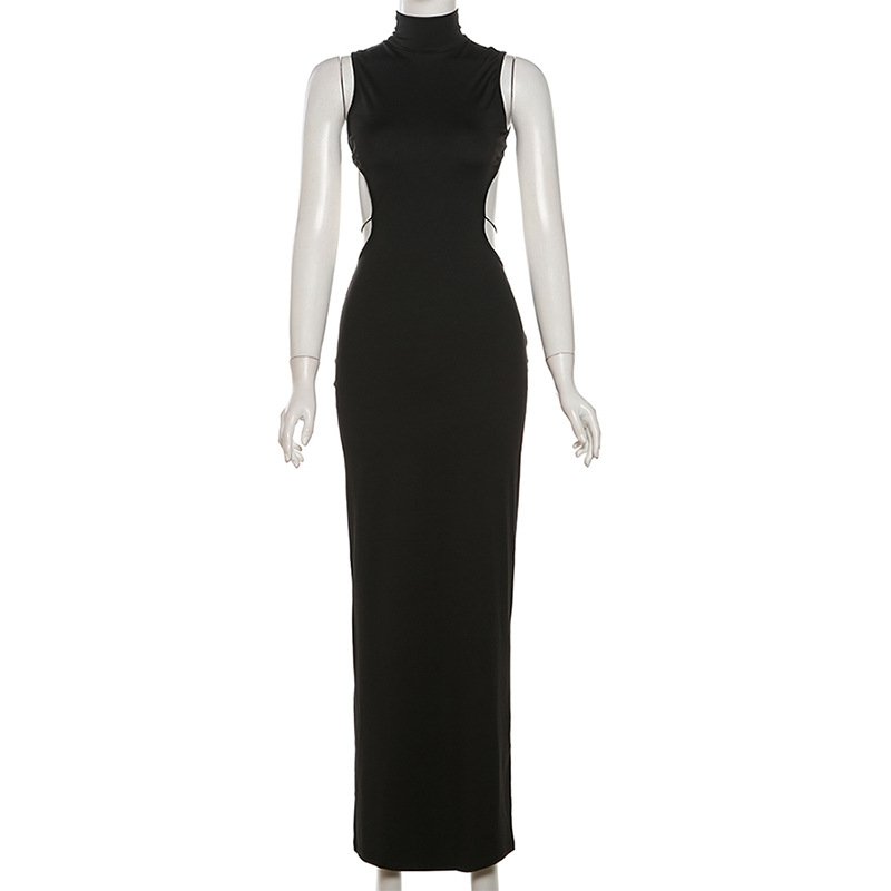 2024 Spring Fall Y2K Clothes Women Turtleneck Sleeveless Black Gothic Party Vestido Sexy Backless Bandage Bodycon Maxi Dress