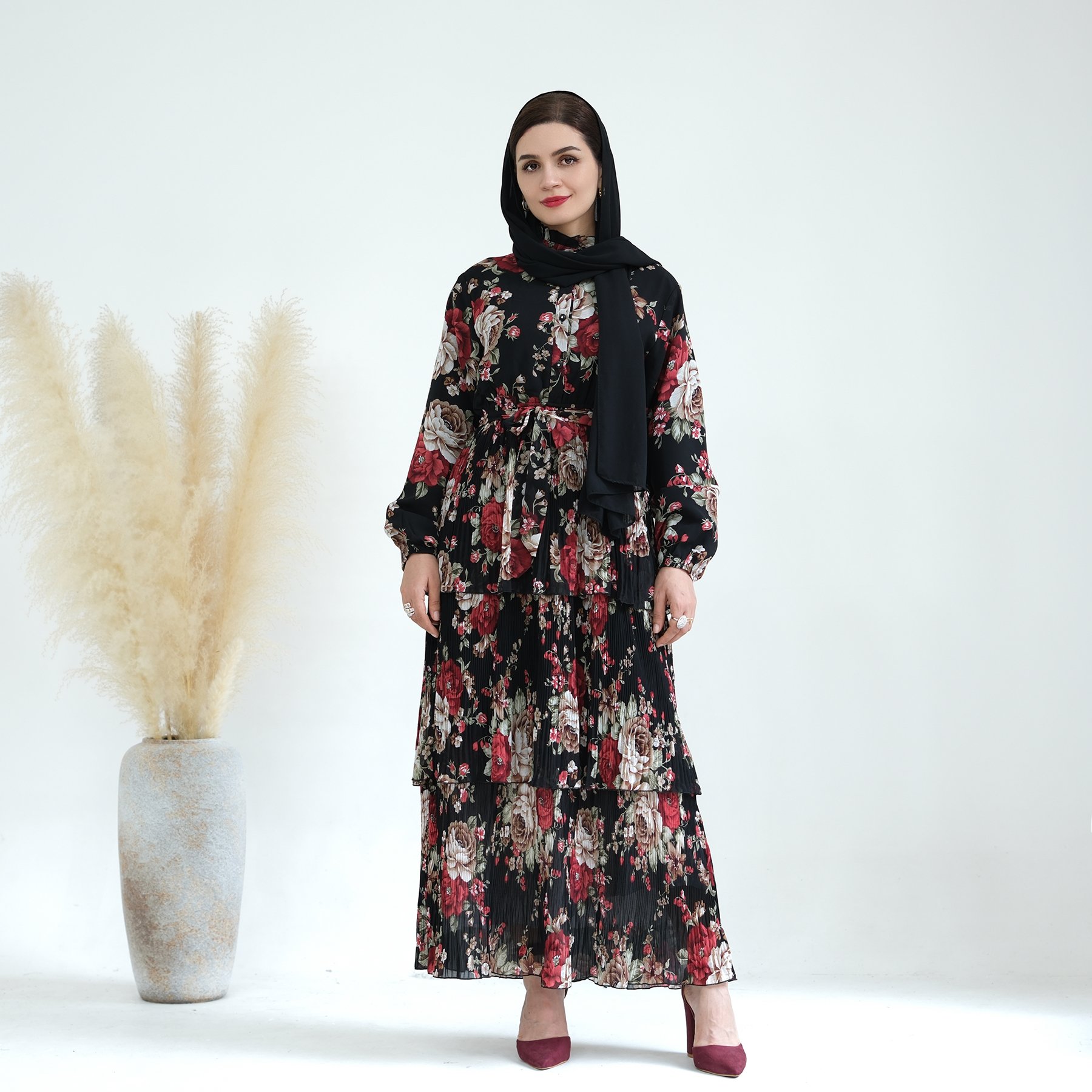 Loriya Wholesale OEM ODM Customized Chiffon Floral Dresses Islamic Clothing Three Layers Abaya Women's Dresses