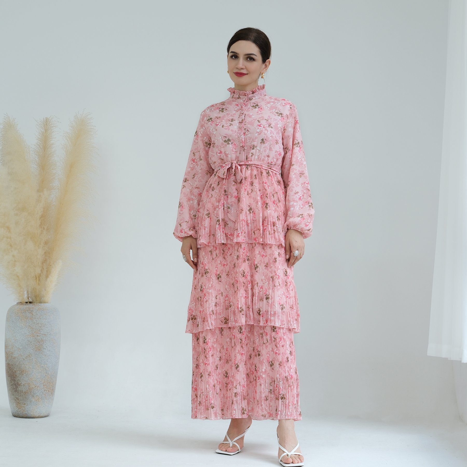 Loriya Wholesale OEM ODM Customized Chiffon Floral Dresses Islamic Clothing Three Layers Abaya Women's Dresses