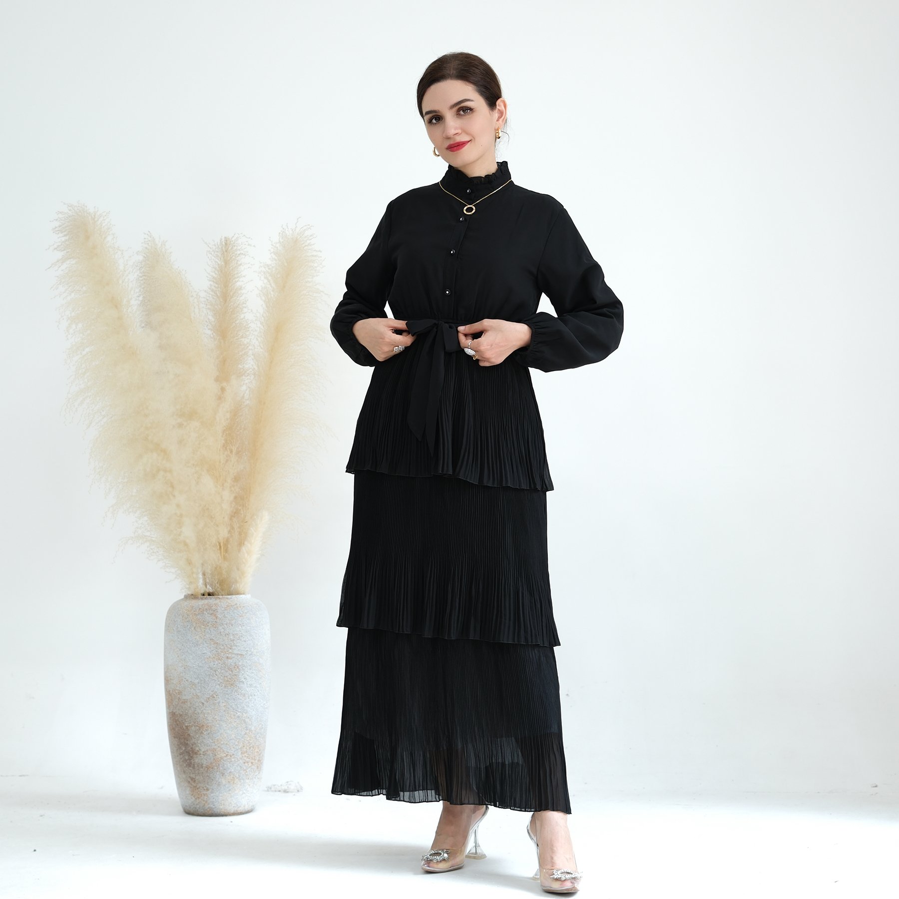 Loriya Wholesale OEM ODM Customized Chiffon Floral Dresses Islamic Clothing Three Layers Abaya Women's Dresses