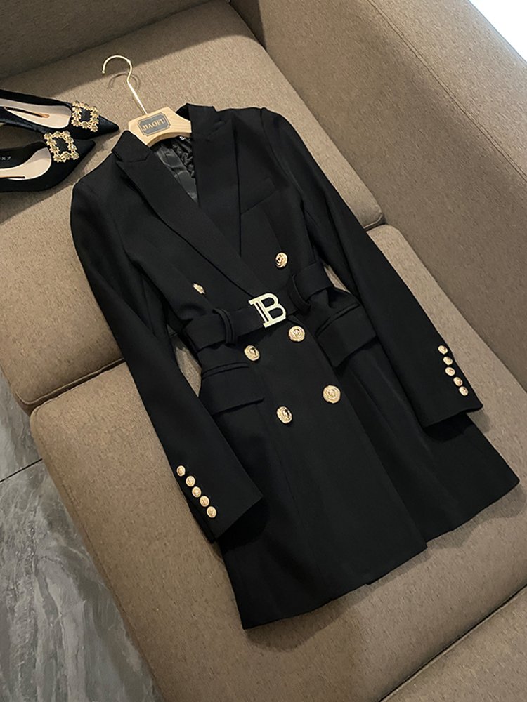 2024 Office Lady All-match Solid Long Sleeve Midi Double-breasted Blazer Women Dress With Belt