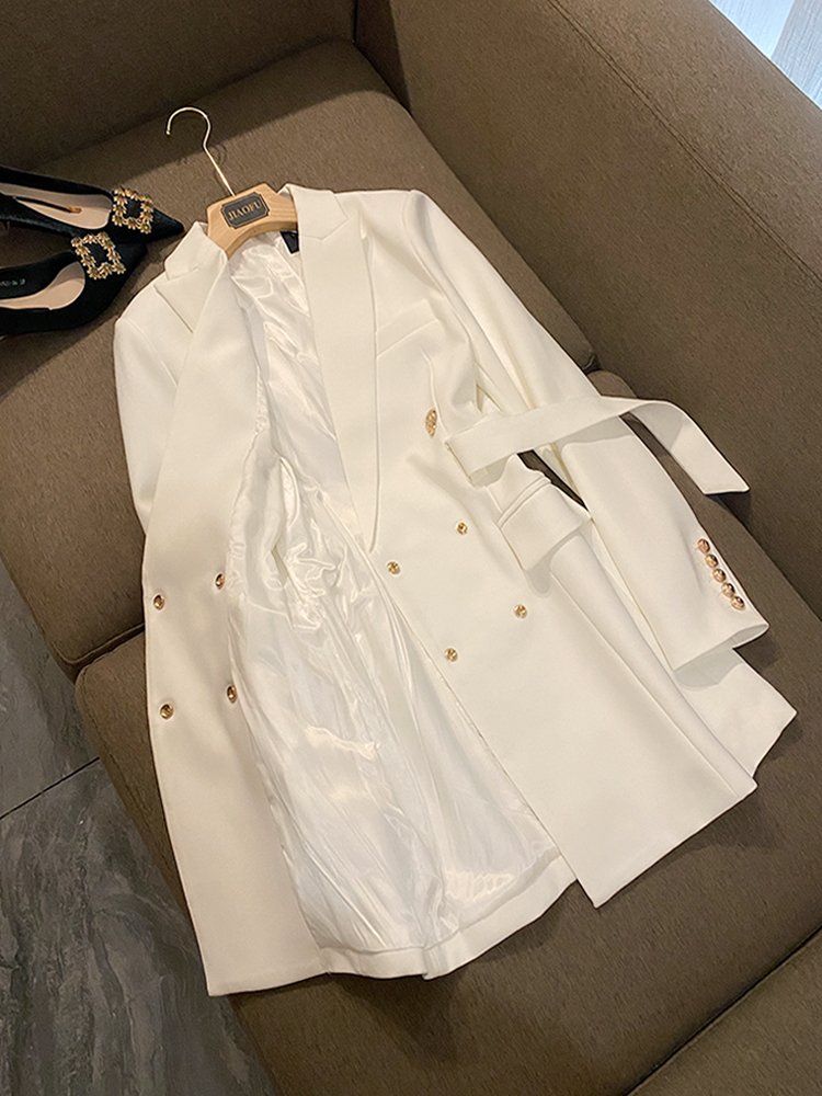 2024 Office Lady All-match Solid Long Sleeve Midi Double-breasted Blazer Women Dress With Belt