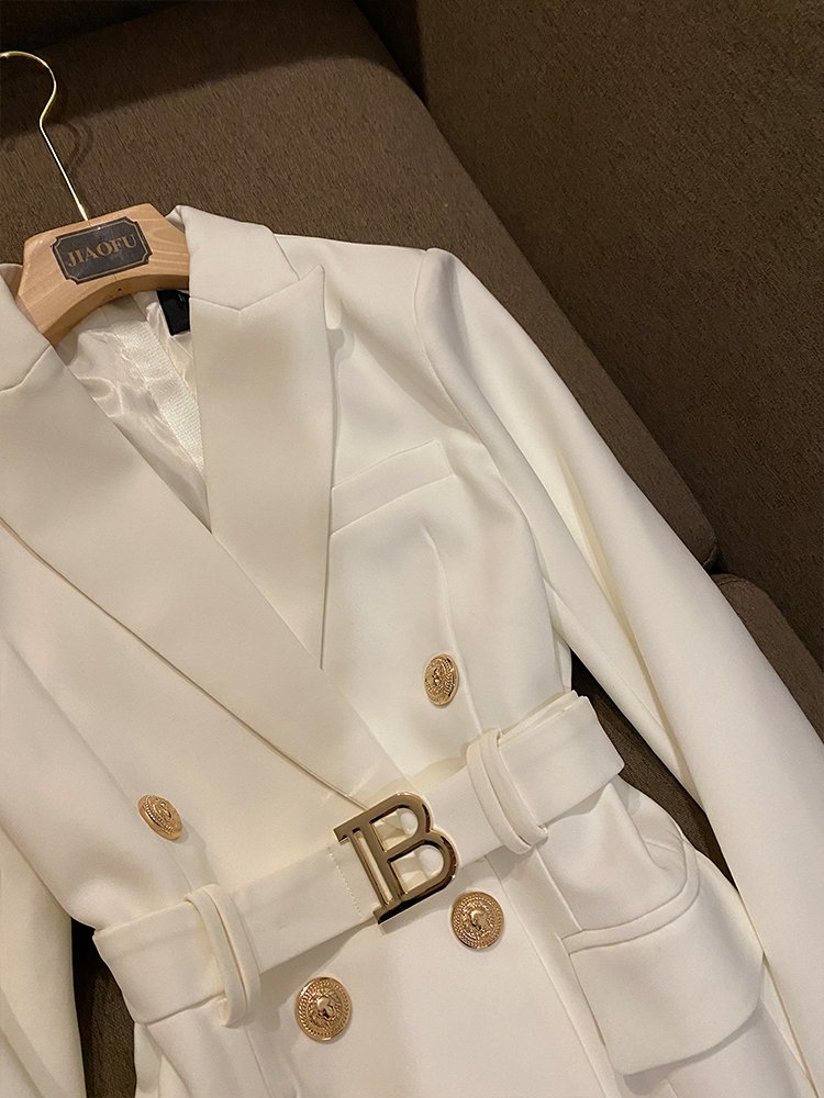 2024 Office Lady All-match Solid Long Sleeve Midi Double-breasted Blazer Women Dress With Belt