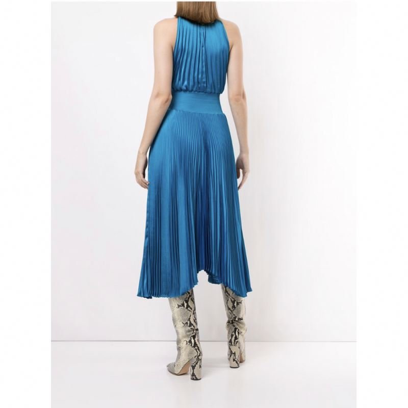Plus Size Women Casual Dresses Sleeveless Ladies Blue Silk Satin Halter Midi Dress Natural OEM Service Zippers Adults Solid