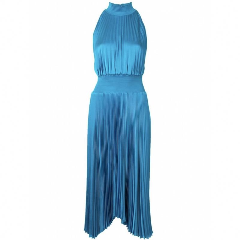 Plus Size Women Casual Dresses Sleeveless Ladies Blue Silk Satin Halter Midi Dress Natural OEM Service Zippers Adults Solid