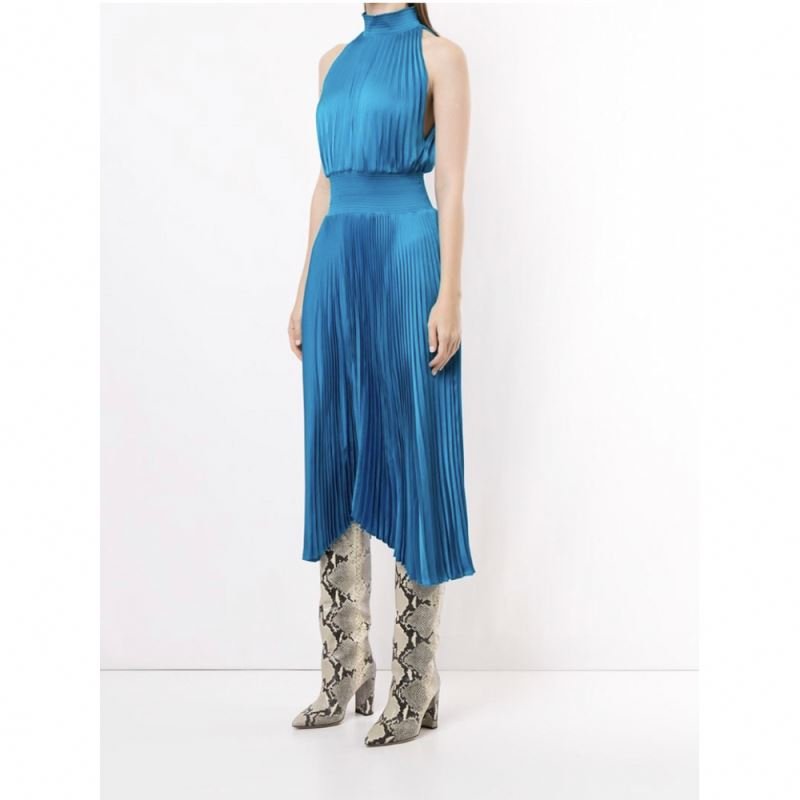 Plus Size Women Casual Dresses Sleeveless Ladies Blue Silk Satin Halter Midi Dress Natural OEM Service Zippers Adults Solid