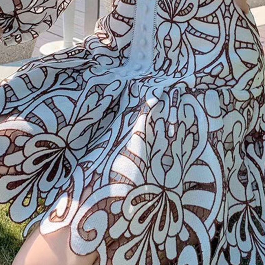 Dress OEM Church Dresses Sleeve Open Lace Pleated Hook A-Line Skirt Commute High Collar Decor Wholesale Casual Dresses