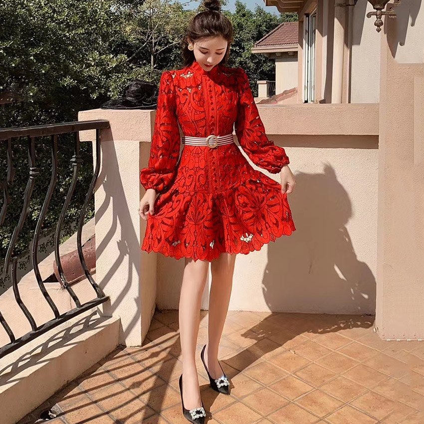 Dress OEM Church Dresses Sleeve Open Lace Pleated Hook A-Line Skirt Commute High Collar Decor Wholesale Casual Dresses