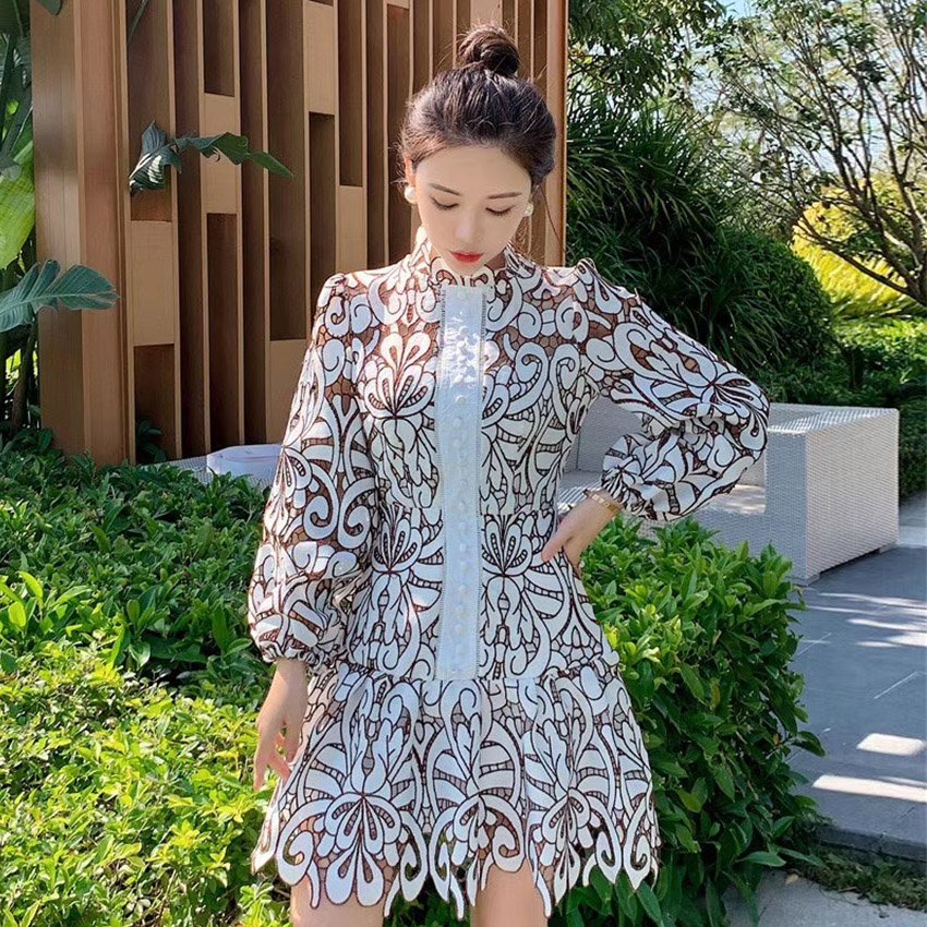 Dress OEM Church Dresses Sleeve Open Lace Pleated Hook A-Line Skirt Commute High Collar Decor Wholesale Casual Dresses