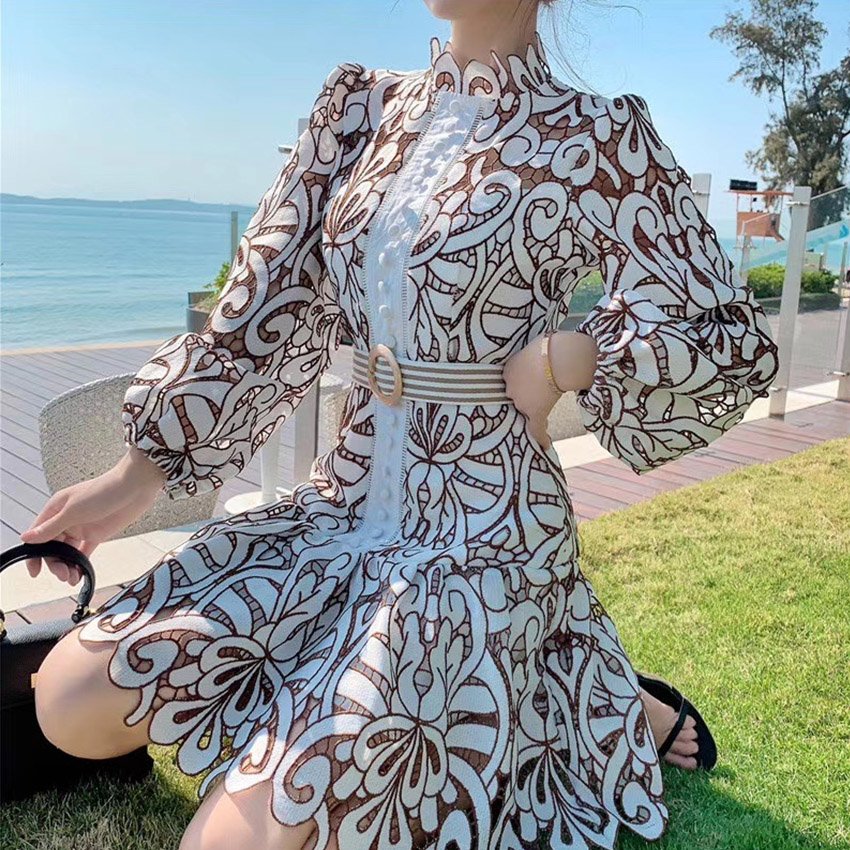 Dress OEM Church Dresses Sleeve Open Lace Pleated Hook A-Line Skirt Commute High Collar Decor Wholesale Casual Dresses