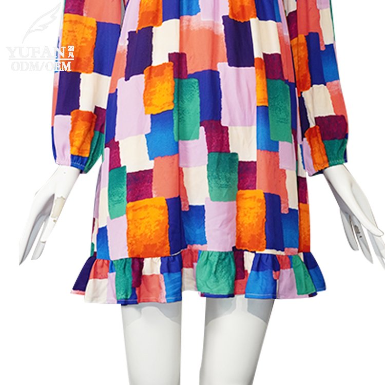 YuFan Custom Spring and Summer New Ruffle Short Dress Women's Plaid Print Casual Dress Bohemian Style