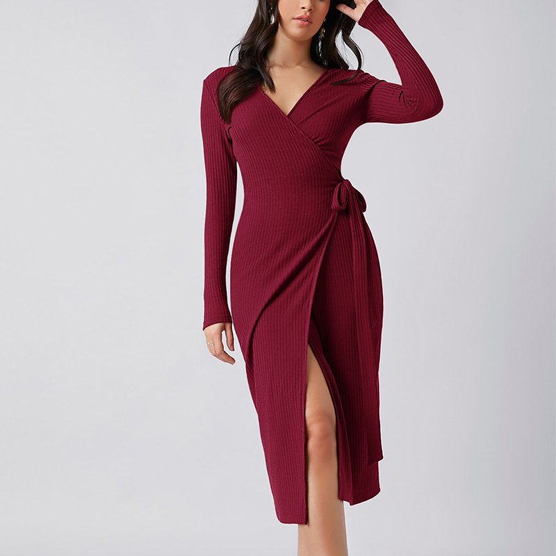 Solid V Neck Dress Women's Plus Size Customized women's printed logo long sleeve casual dress knit Wrap Belted Dress