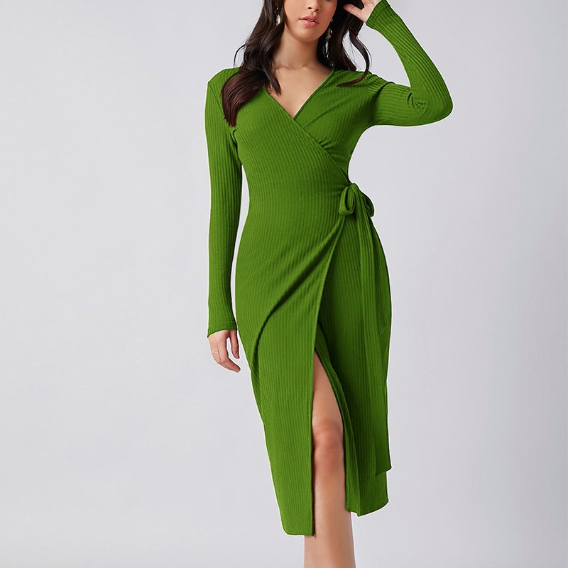 Solid V Neck Dress Women's Plus Size Customized women's printed logo long sleeve casual dress knit Wrap Belted Dress