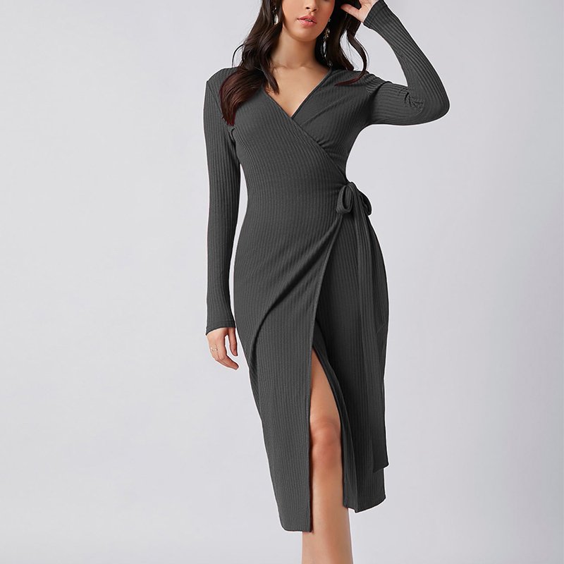 Solid V Neck Dress Women's Plus Size Customized women's printed logo long sleeve casual dress knit Wrap Belted Dress